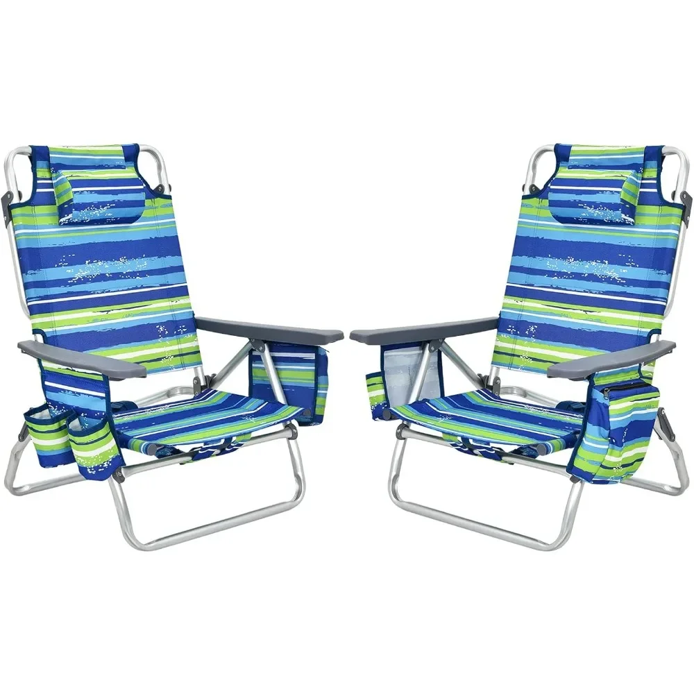 

Beach Chair 2-Pack Sling Camping Sunbathing Chairs with 5 Adjustable Position, Head Pillow, Storage Bag, Towel Bar, Cup Holders