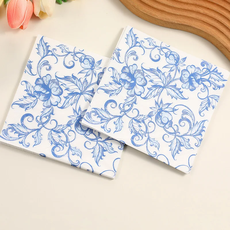 10/20 قطعة 33 سنتيمتر 2Layer الأزرق زهرة المطبوعة المناديل النمط الصيني الأزرق والأبيض الطرف ورق تزيين DIY Decoupage ورقة