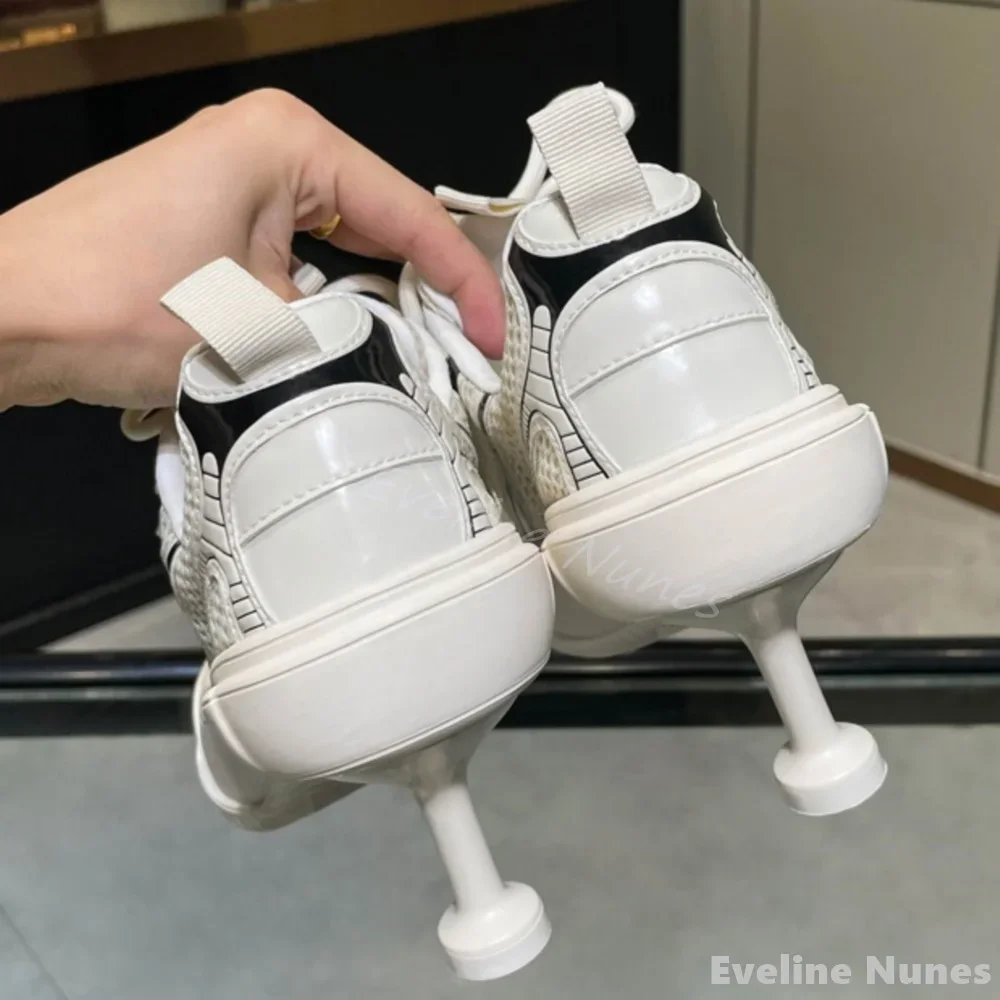 Air Mesh Lace Up Thin Heels Sneakers Women Mixed Color Patchwork Round Toe Slip On Casual Sneakers New Fashion Catwalk Slippers