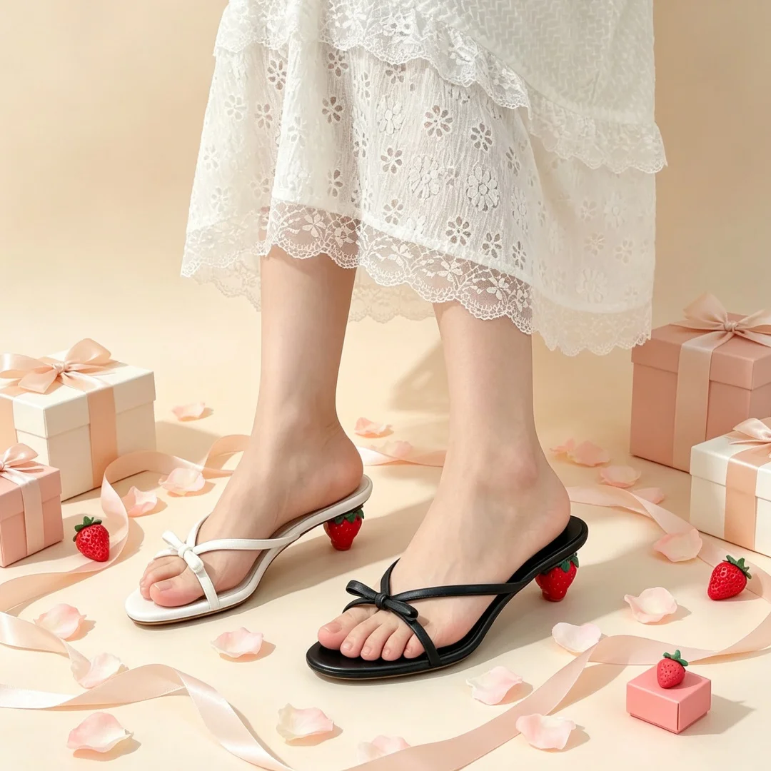 Women Cute Bow Thong Mule Slides 3D Strawberry Shape Low Heel Open Toe Slip On Summer Casual Sandals Cute Beaty Slippers Sexy de