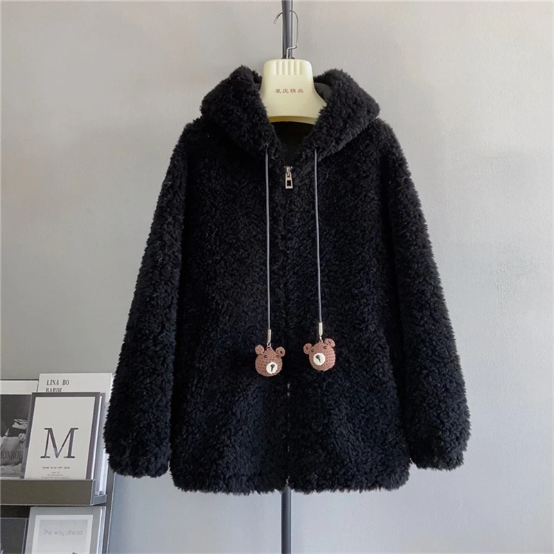 

PT462 Female Sheep Shearling Hooded Warm Jacket Lady Girl Lamb Wool 2023 Winter Korean Style Thick Short Coat Parka