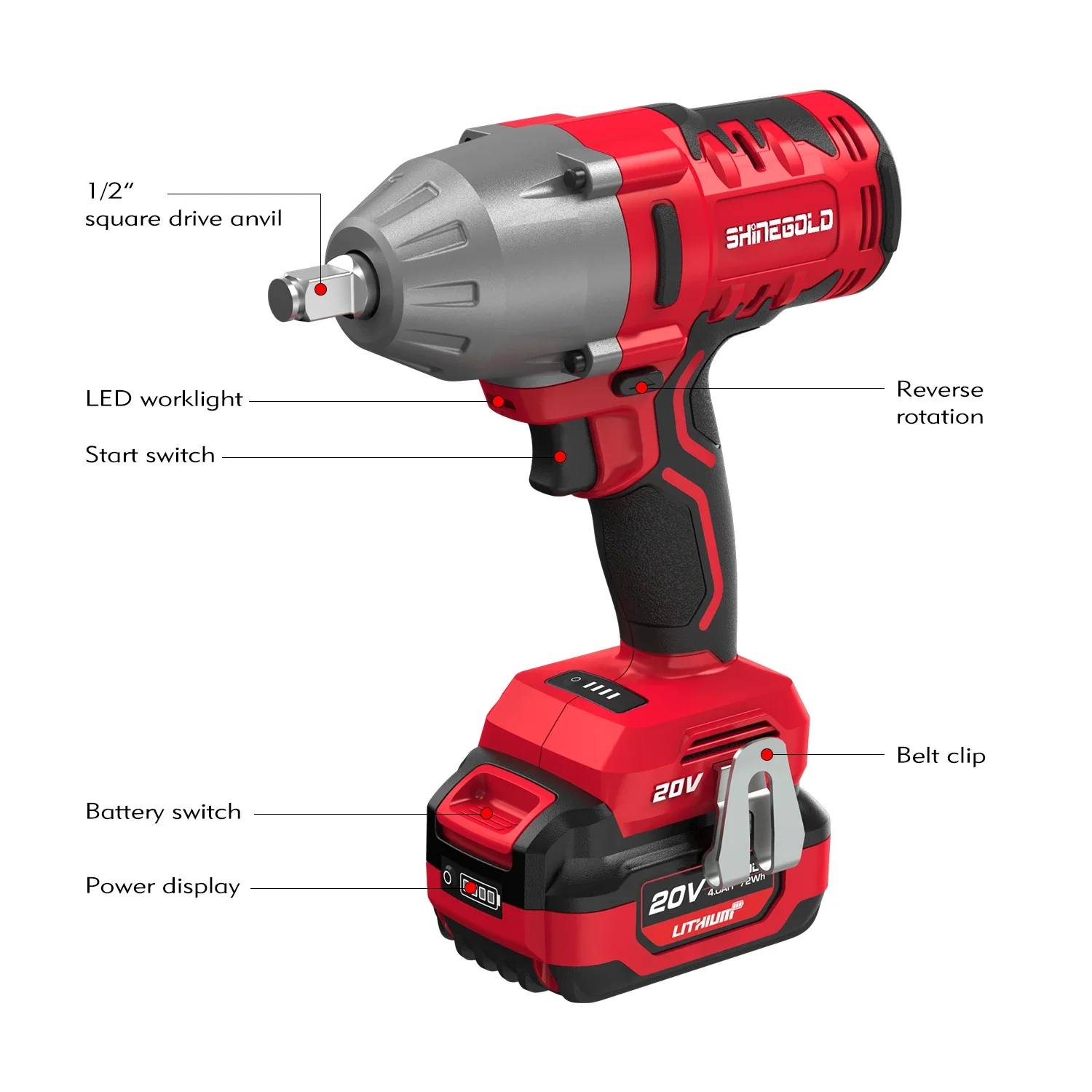 0-2300 IPM Max. impact rate 20V 1 2 inch drive Brushless Variable Speed 600Nm Impact Wrench