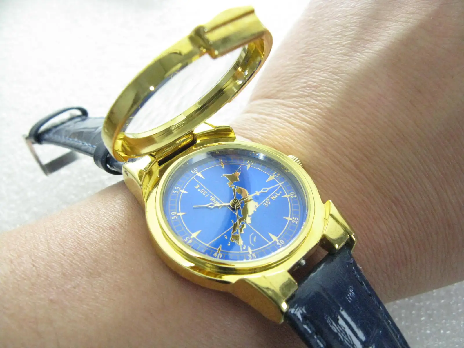 Japan Map Blue Ocean Dial Flip Gold Plated  Quartz Watch