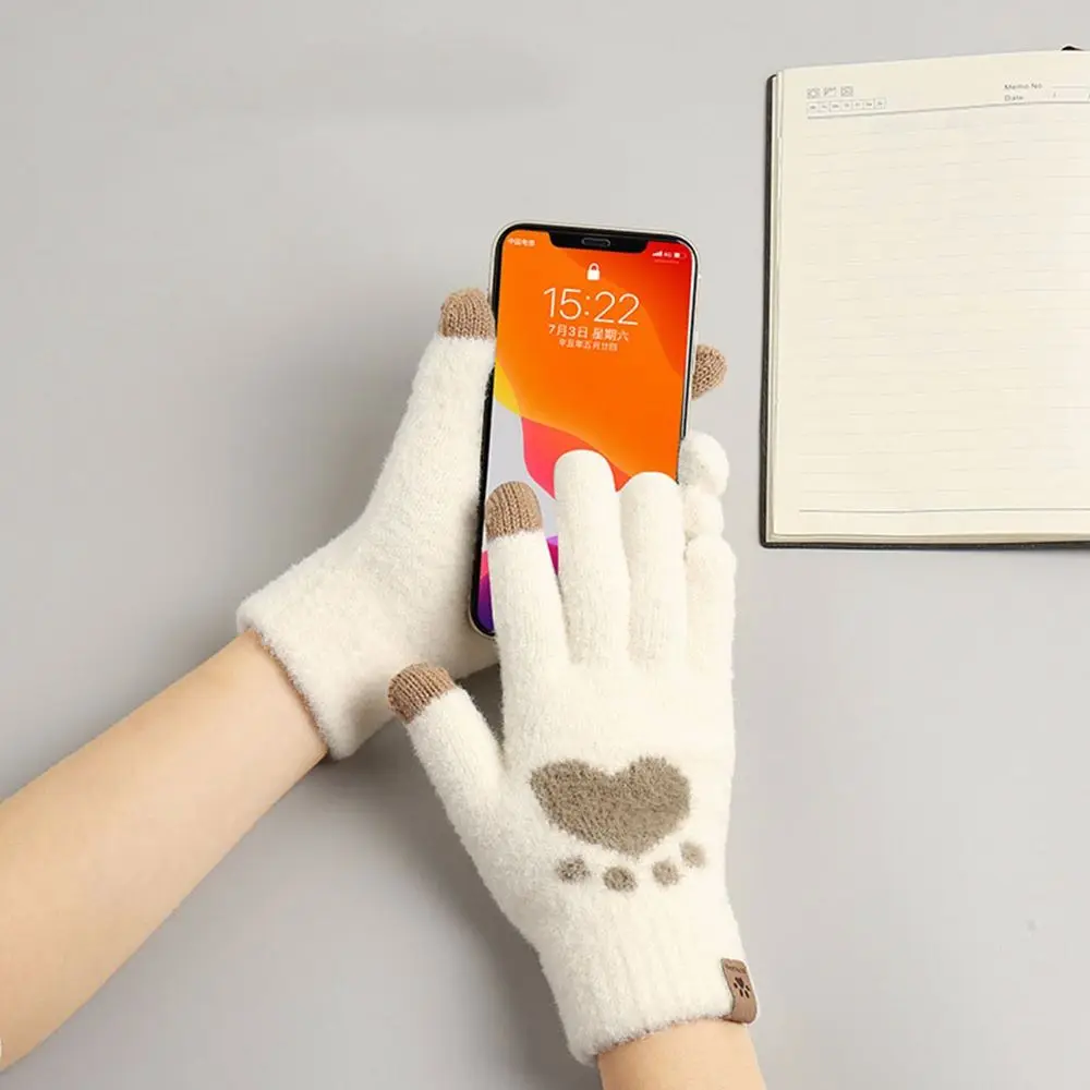 

Thick Soft Cat Paw Love Plus Velvet Women Wool Mittens Female Gloves Touch Screen Gloves Driving Gloves