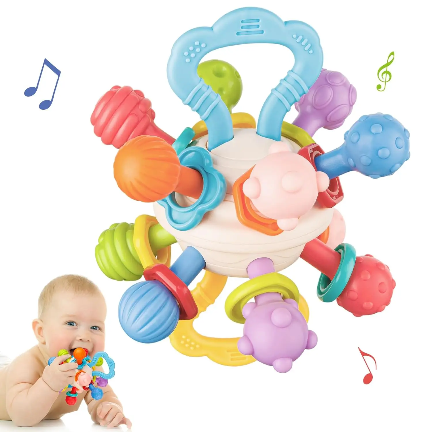 Jouets Montessori de Dentition pour Bébé, Hochet Sensoriel, à Mâcher, Cadeau pour Nouveau-né de 0 à 12 Mois