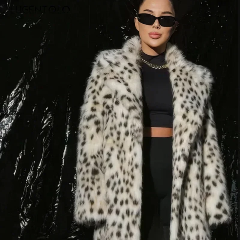 Women Faux Fur Coat 2024 Long Y2k Thickened Windproof Warm Fluffy Jacket Fashion Leopard Print Lapel Oversized Luxury Cardigan