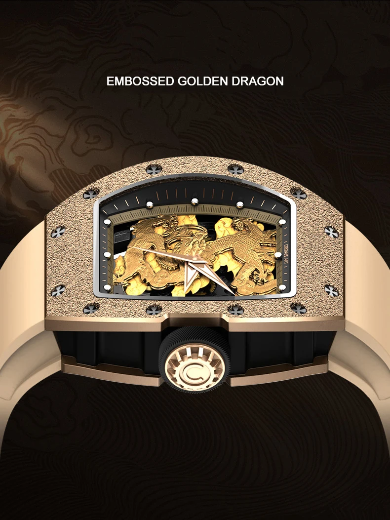 CRONUSART Men Automatic Watch Luxury Tonneau Mechanical Wristwatch Luminou Fluororubber Strap Gold Dragon Dial Hollow Out Dial