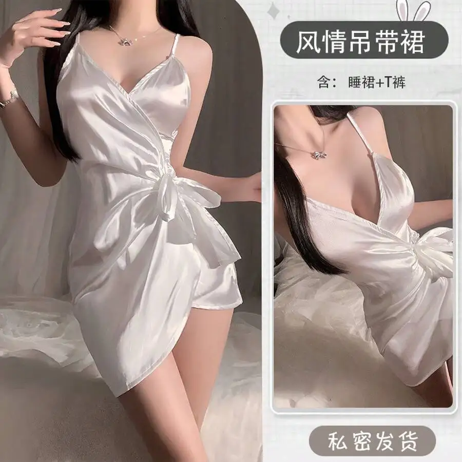 

Silk Satin V-Neck Wrap Nightgown With Bow For Women Sleepwear