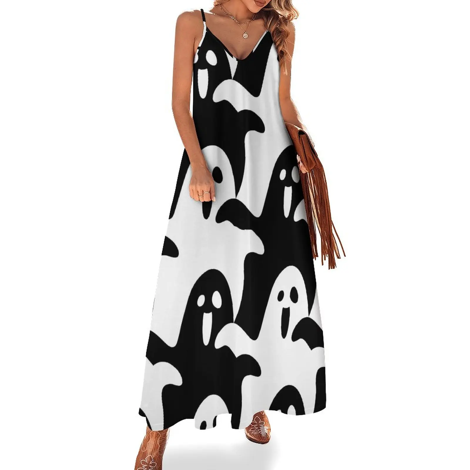

Черно-белое платье макси с призраками для ночного клуба, уличное платье на бретелях в стиле бохо, пляжные длинные платья с V-образным вырезом, Одежда большого размера