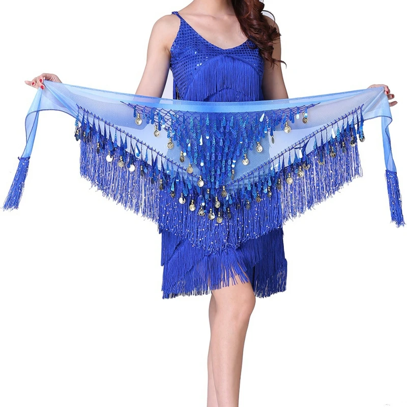 Women Belly Dance Scarf with Sequin Coins Bling Tassel Waist Hip Skirt Costumes Indian Dancing Practice Performance 8 Colors