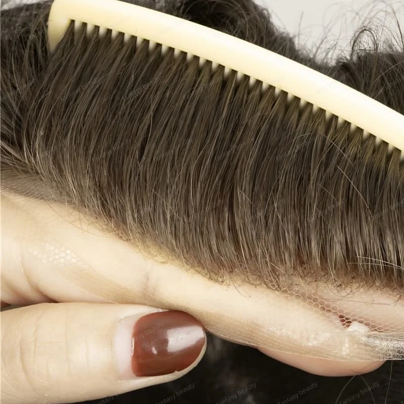 Q6 شعر بشري للرجال دانتيل أمامي سويسري وشعر مستعار من البولي يوريثان # 4 # 6 # 7 شعر مستعار أنظمة استبدال للرجال باللون البني الفاتح/الرماد 1B80 1B65 باللون الرمادي والأسود