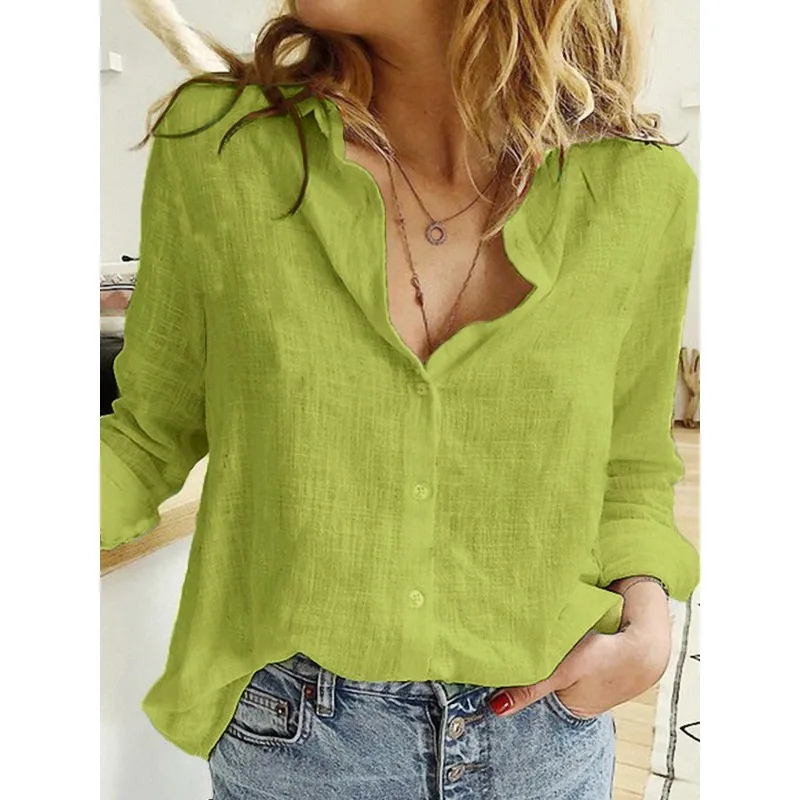 

Summer Women Shirts Spring Cotton Linen Shirts Casual Solid Button Lapel Blouses Long Sleeve Loose Elegant Tops Tunic Blusas