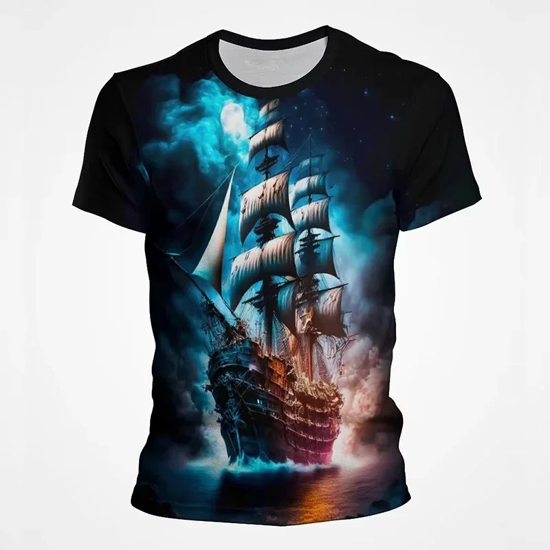 Sail Boat Pirate Ship Graphic T Shirts Men 3d Printing Short Sleeve Tee Tops Casual Mens Oversized Streetwear Tshirt