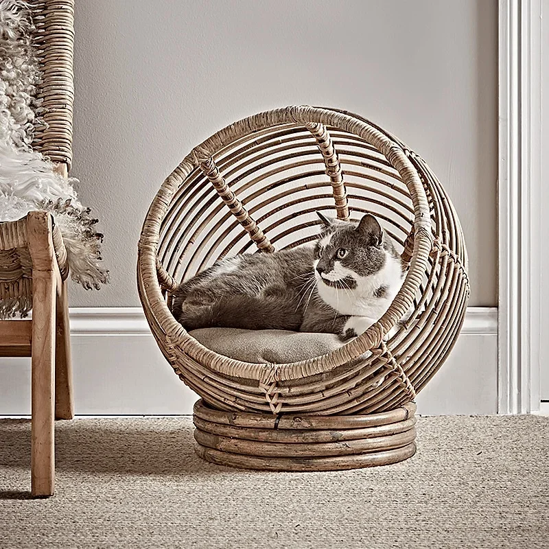 

All-Year round Cat Nest Modern Solid Wood Rattan Woven Kennel Bed Summer Cool Nest Mat Real Cat Supplies