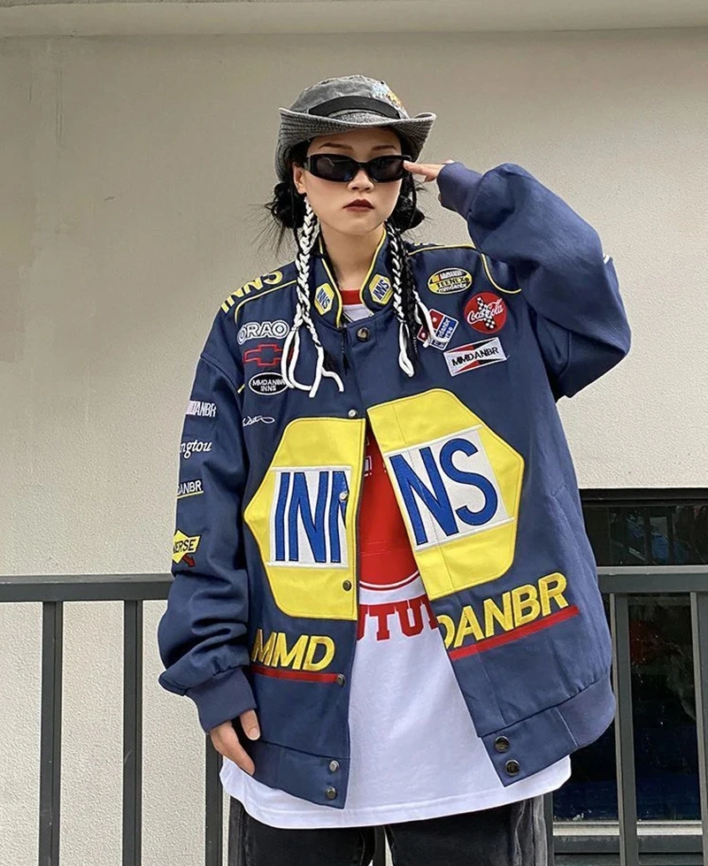 Unisex Hip Hop High Street Letter Racing 2024 Trend Jacket Coat donna Varsity Zipper Vintage Bomber Jacket donna cappotti uomo