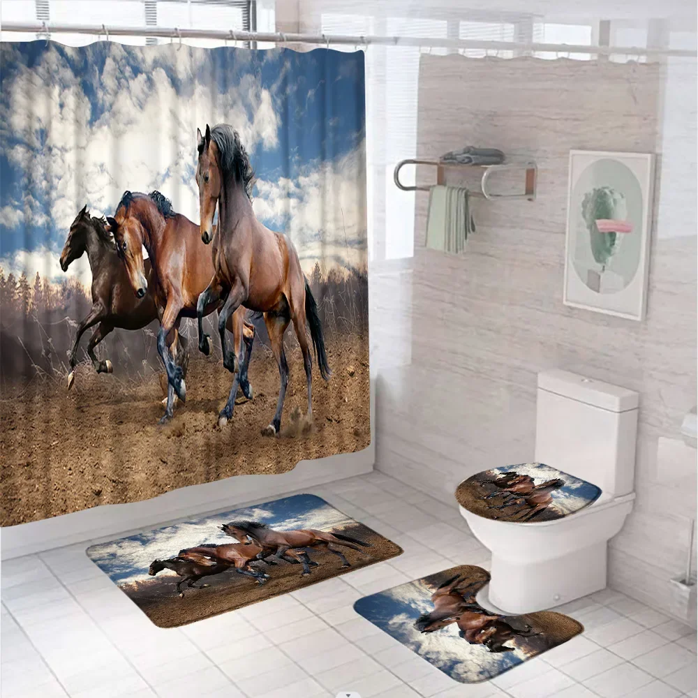 

4Pcs Brown Horse Shower Curtain Set Farm Animal Waterproof Bathroom Decor Curtain Non-Slip Contour Rug Toilet Lid Cover Bath Mat