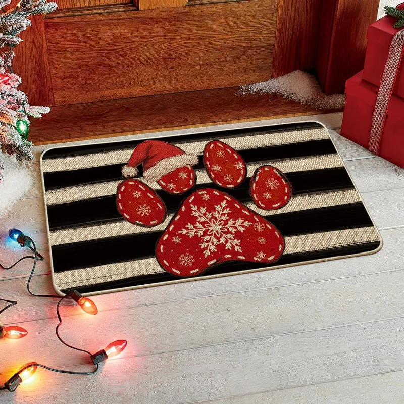 Paw Print Hat Christmas Doormat, Winter Xmas Home Decor Low-Profile Switch Back By Mat Floor Mats for Indoor Outdoor