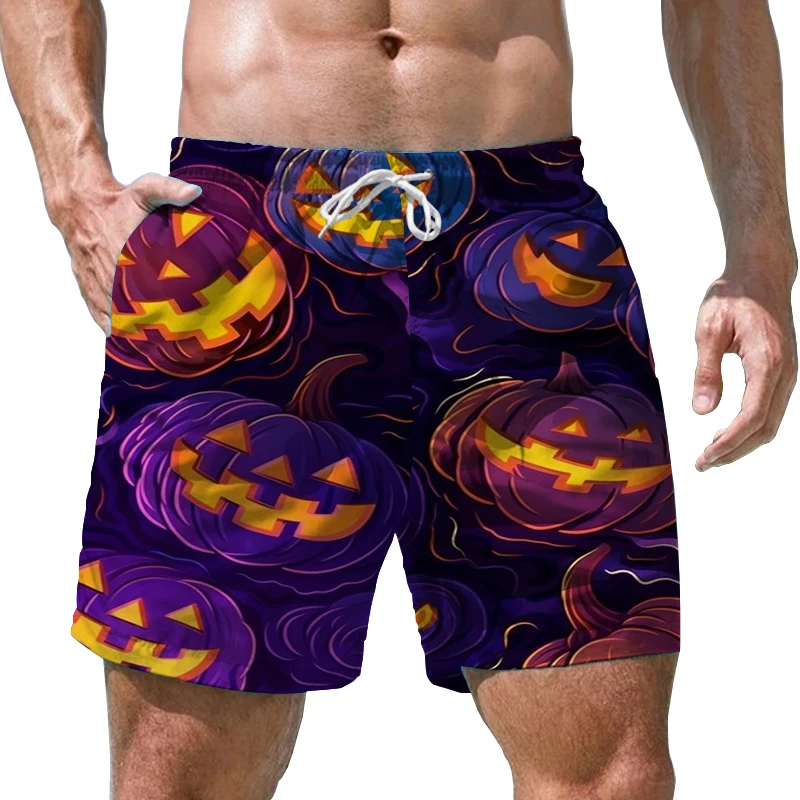 2023 Summer Beach Vacation Shorts Men's Quick Drying Shorts Halloween Pumpkin Print Board Shorts Loose Casual Shorts