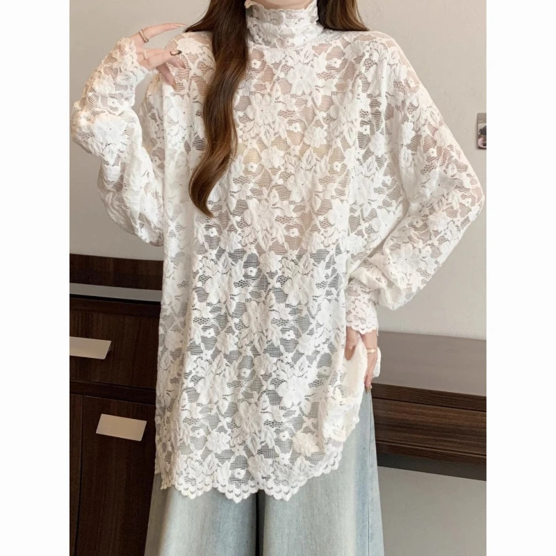 

Women's High Neck Hollowed Out Long Sleeved Lace Shirt Top for Autumn/winter 2025, Inner Layer Bottom Shirt