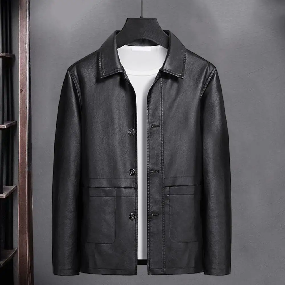 

Warm Thickened Jacket Men Faux Leather Jacket Stylish Men's Fleece-lined Faux Leather Jacket Lapel Long Sleeve for Autumn/winter