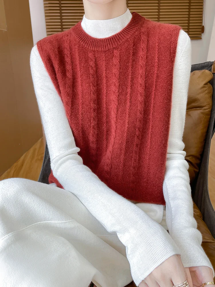 Dames O-hals trui wollen vest herfst winter twist bloem vest 100% merinowol gebreide kleding mouwloze kasjmier top