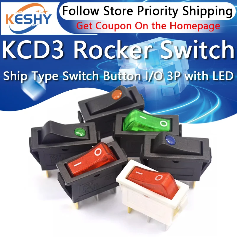 5PCS KCD3 Rocker Switch ON-OFF ON-OFF-ON 2 Position 3Pins Electrical equipment With Light Power Switch 16A 250V / 20A 125V AC