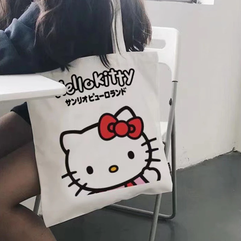 Women Cute Hello Kitty Canvas Tote Bag Femme Shopping Shoulder Bags Travel Tote Luxury Designer Handbags Handiness