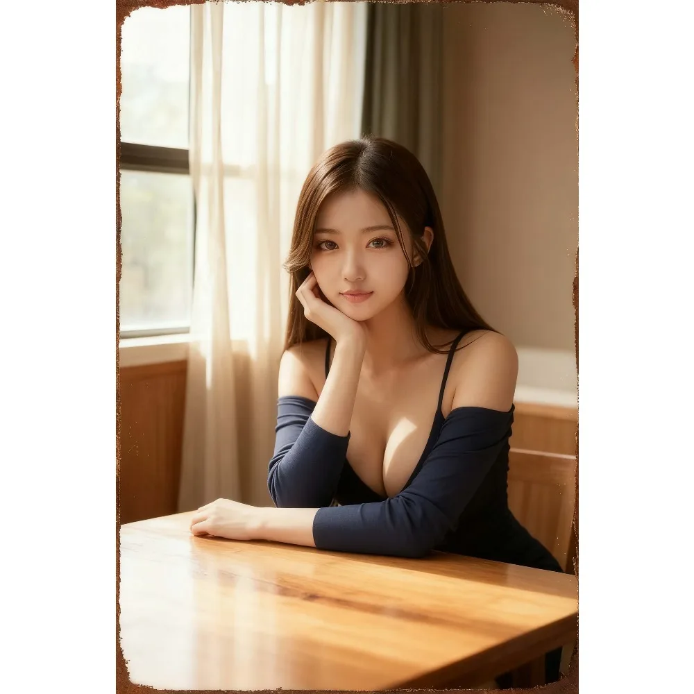 Asian Woman in Dark Blue Off-Shoulder Top Vintage Metal Tin Sign Wall Decor