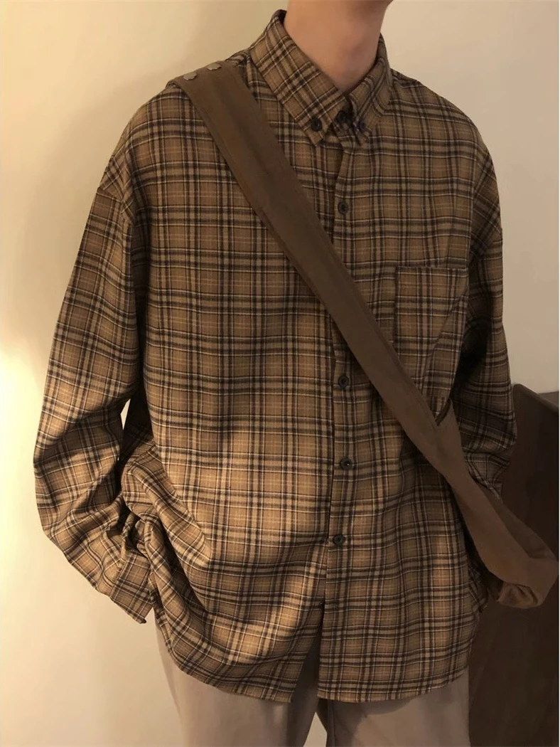

Ретро японский Sle Long Sve Plaid irt кофейного цвета, повседневная свободная верхняя одежда для мужчин и женщин, весна-осень и модный