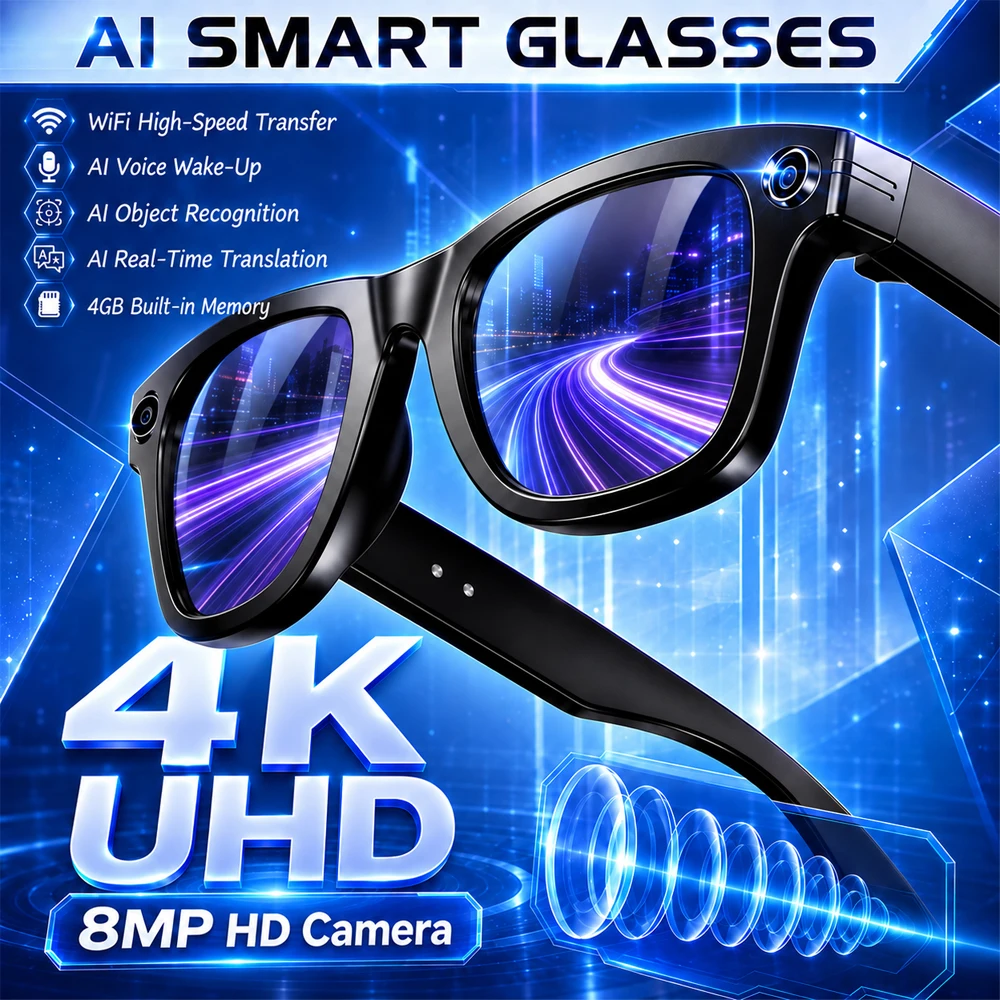 2026 Technology AI Smart Glasses with 4K POV Recording 8MP Camera AI Translation ChatGPT Bluetooth Call WIFI Glasses Men Women