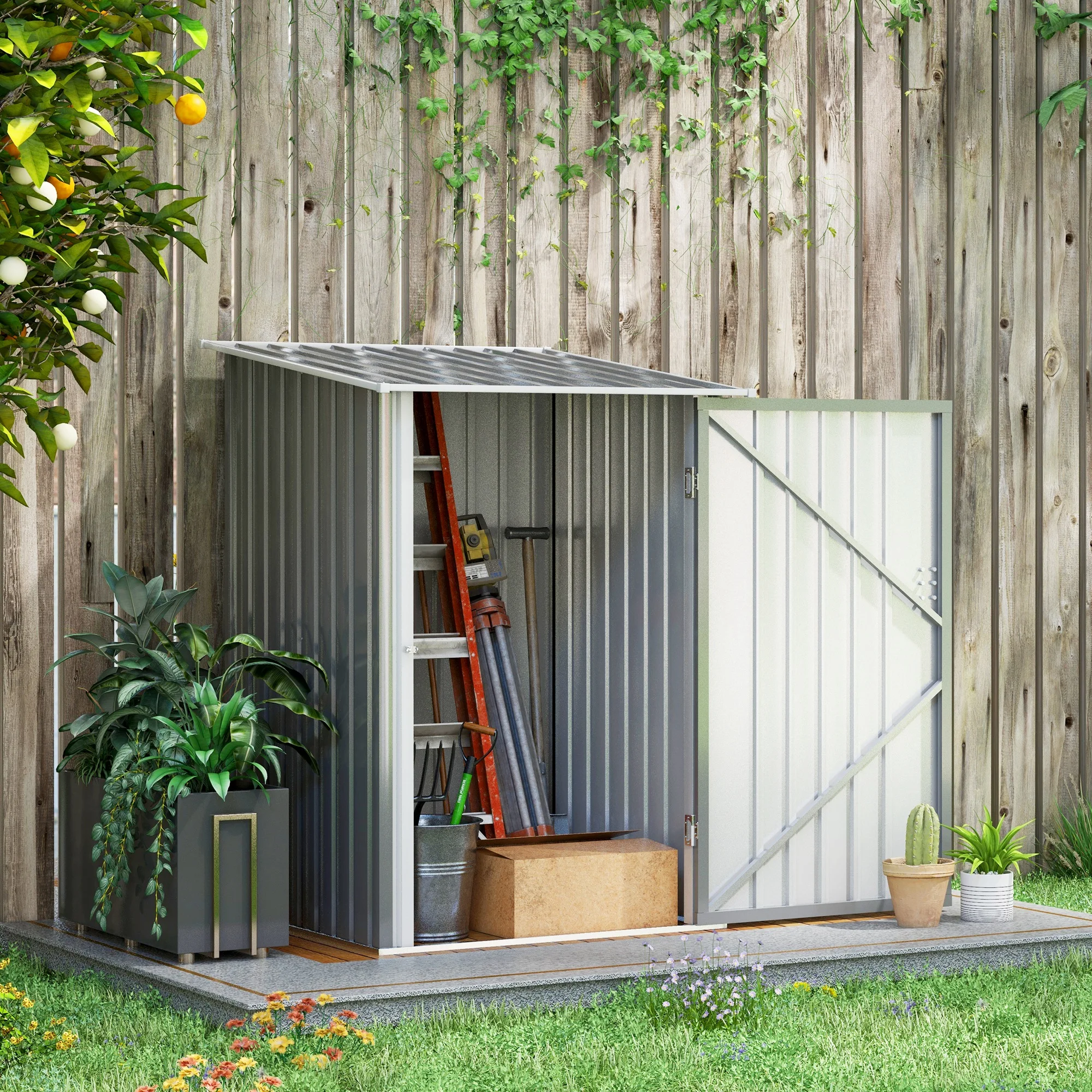 Outsunny 3.3' x 3.4' Outdoor Storage Shed, Galvanized Metal Utility Garden Tool House for Backyard, Bike, Patio, Garage, Lawn