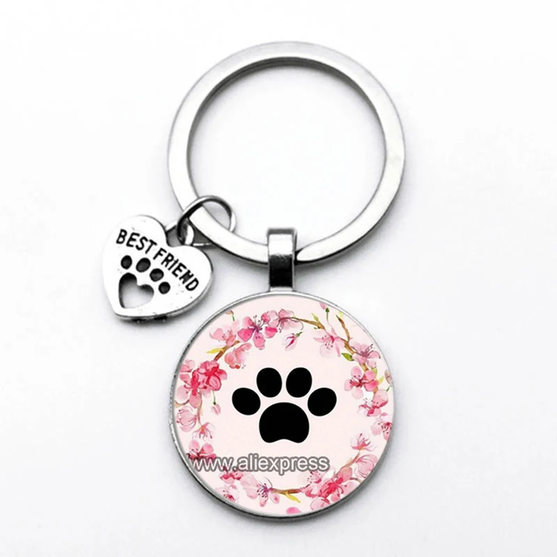 Fashion Jewelry Dome Glass Alloy Keychain Dog Paw Print Best Friends Lovely Classic Gift