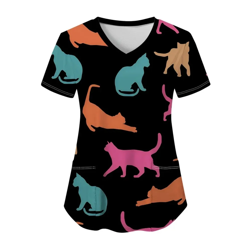 Słodki kot kreskówkowe mundury chirurgiczne kobieta moda letnia dekolt w serek Medico mikro-elastyczne krótkie rękawy naszywane kieszenie ubrania medyczne