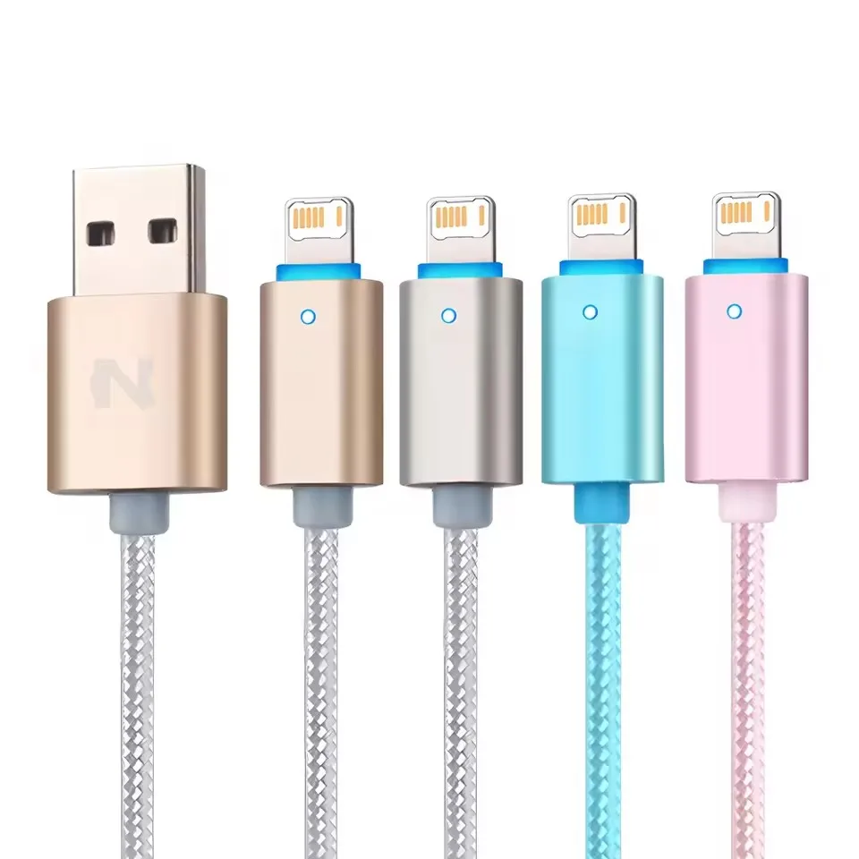 Smart Led Light USB Fast Charging Braided Cable For iPhone X XR XS Max 11 12 13 mini 14 Pro Max 6 6S 7 8 Plus USB-A Data Line