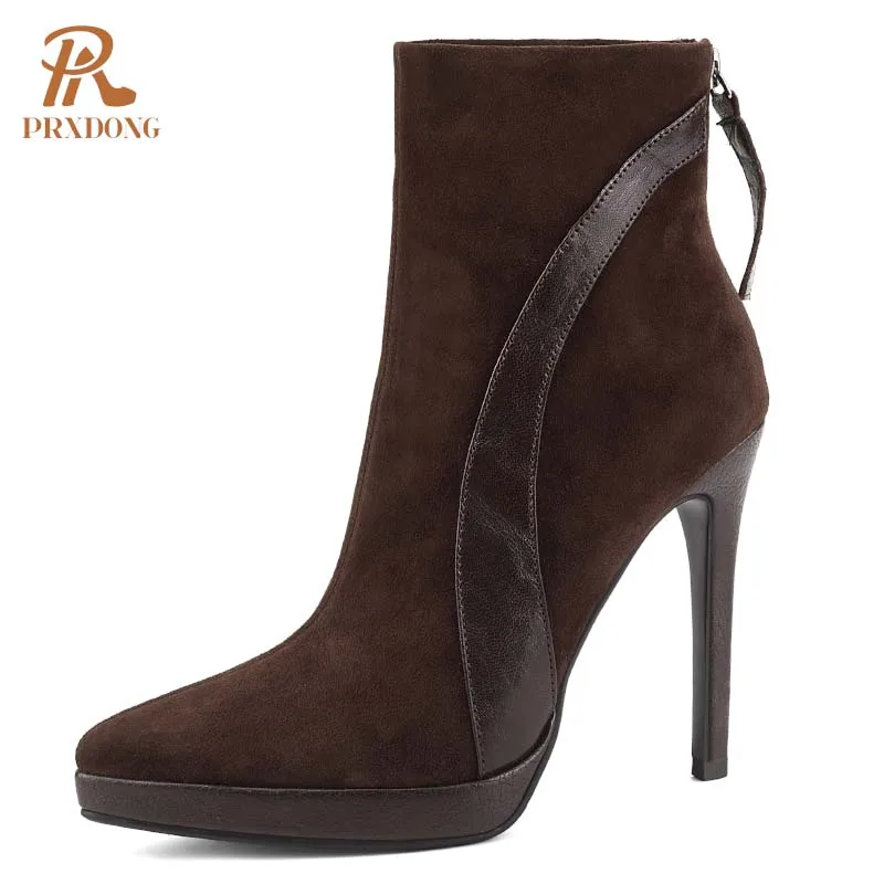 PRXDONG 2024 New Brand Genuine Leather Shoes Woman Ankle Boots Sexy High Heels Platform Black Brown Autumn WInter Warm Shoes 39