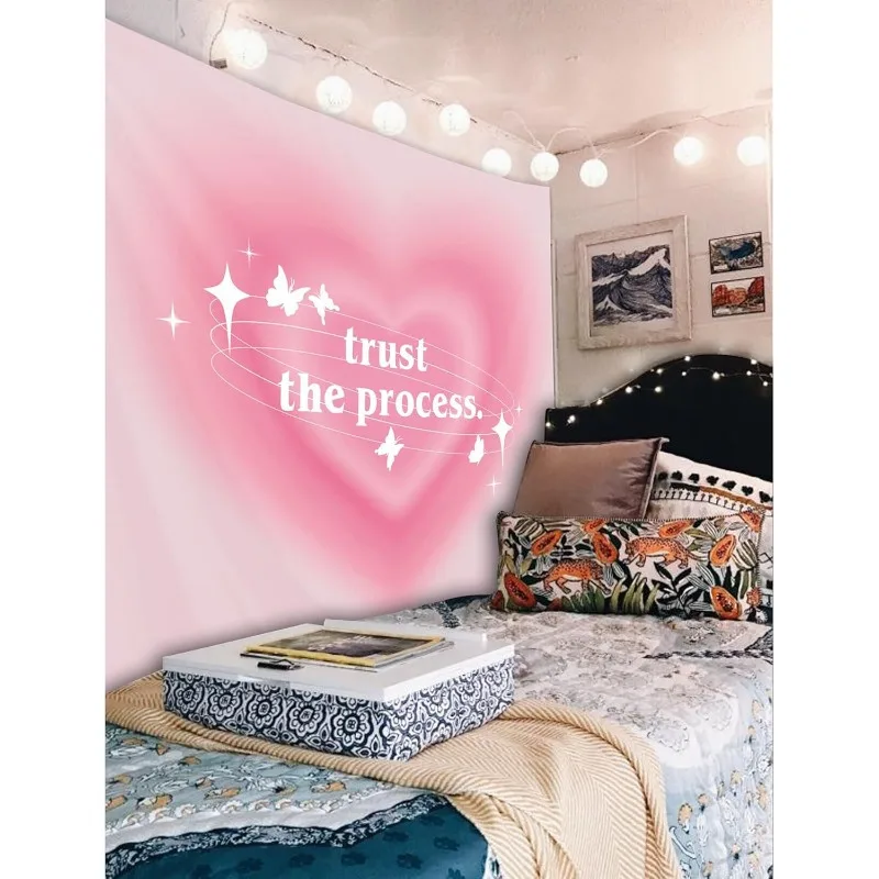 Inspirational Wall Tapestry Pink Aesthetic Decor Boho Room Art Motivational Quote Trust The Process Bedroom Wall Hanging