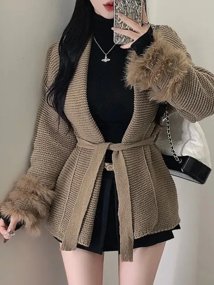 Chique preguiçoso suave malha longa sve v-ne pele do falso retalhos cardigan quente outerwear topo na moda comute sle solto ajuste