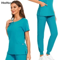 Venta al por mayor, 7 colores, cremallera, cuello en V, manga corta, bolsillo, enfermería, Top de trabajo, pantalones, uniforme sólido, transpirable, traje suave para mujer