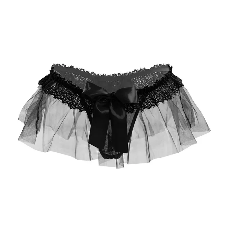 Panties Women Perspective Mesh Thong Sexy Seductive Lingerie Cute Lace Bow Crotchless Briefs String Pornographique Skirt Pants