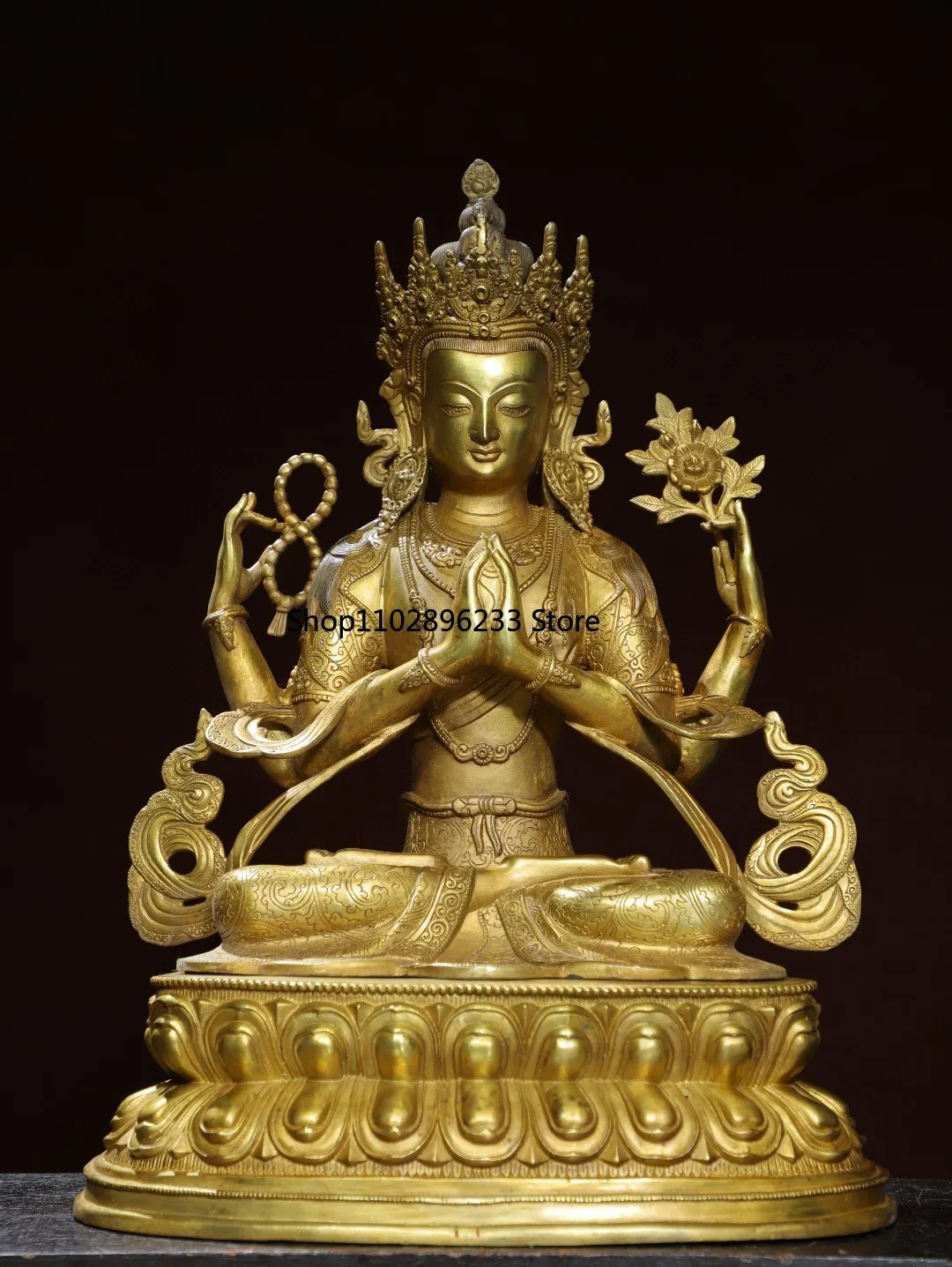 Tibetan brass gilt split four-armed Guanyin Bodhisattva Tara statue ornament home Buddhist hall Chinese supplies 43cm