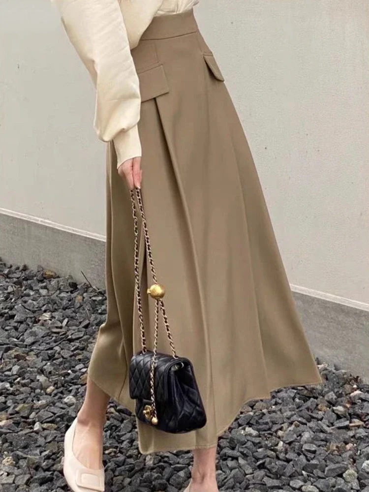 Midi Pleated Skirts Women Solid Empire Design Tender Ladies Spring Daily Casual Юбка Женская Korean Style Minimalist All-match