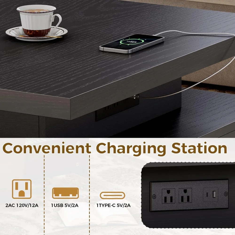 طاولة قهوة مع ضوء LED ومحطة شحن، 4 أدراج تخزين بتصميم شبكي، طاولة قهوة مربعة لغرفة المعيشة