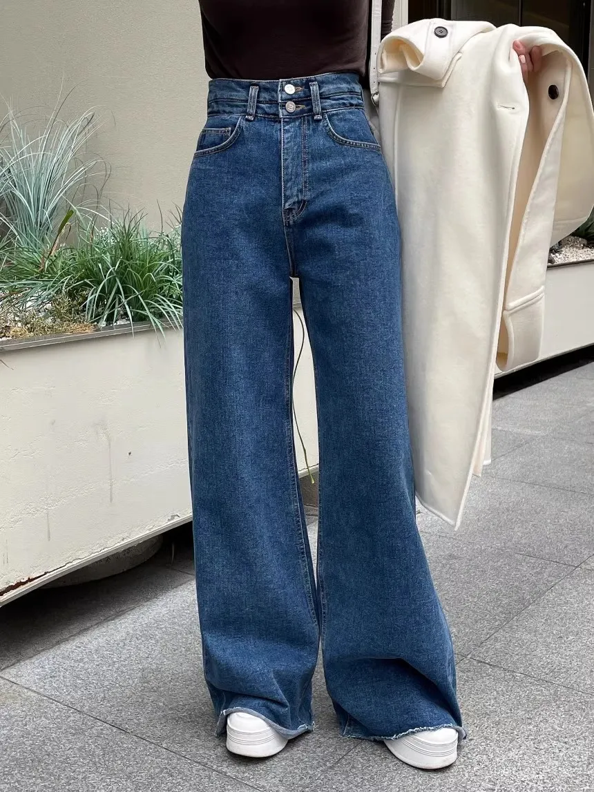 Dark Blue Baggy Jeans Women Double Button High Waist Chic Wide Leg Pants Denim Female Korean Fashion Streetwear Jeans Mom