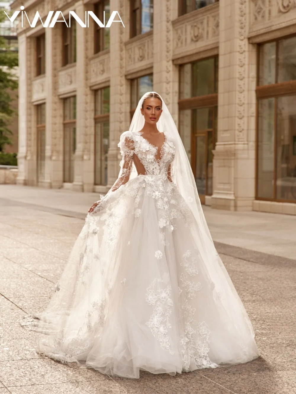 

Glitter 3D Flower Lace Wedding Dress Charming V-neck Long Sleeve Bridal Gown Customized Dreamy Floor-length Dresses For Bride