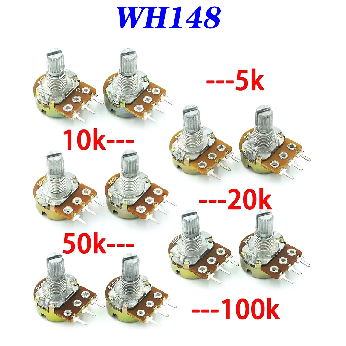 

100pcs WH148 B1K B2K B5K B10K B20K B50K B 100K B500K 3Pin 15mm Wave Amplifier Dual Stereo Potentiometer