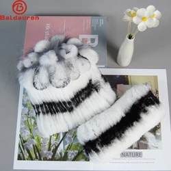 New Style Genuine Lady Knit Set Winter warm snow caps 100% Natural Rex Rabbit Fur Scarves Hats Winter Fashion Real Fur Scarf Hat