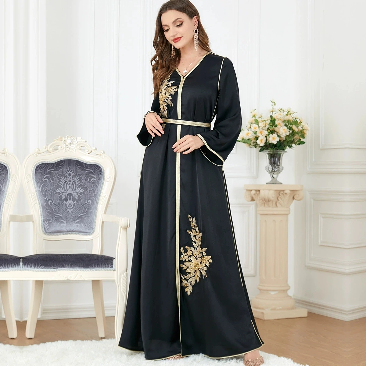 

Party Dress Muslim Abaya Women Dubai Long Sleeves V Fashion Collar Button Long Skirt Tape with Kaftan Split Bottom Tank Top