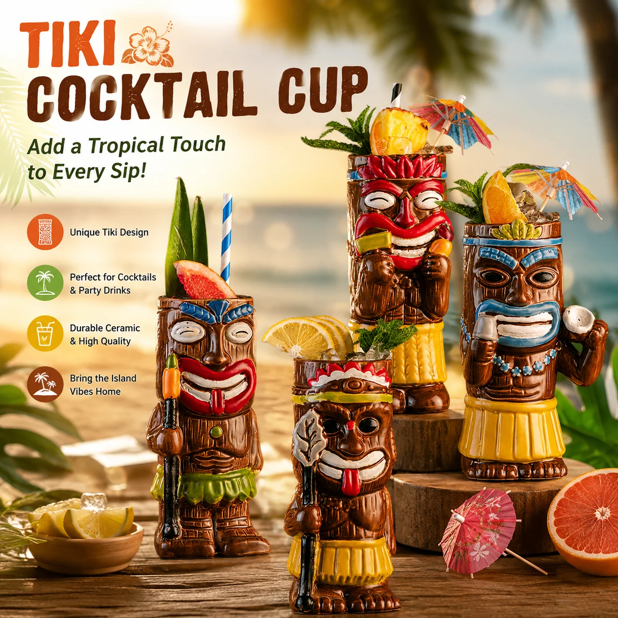 1 pc Tiki cocktail glass, Hawaiian ceramic drinking mug; suitable for bars, clubs, and restaurants—a fun, creative gift.