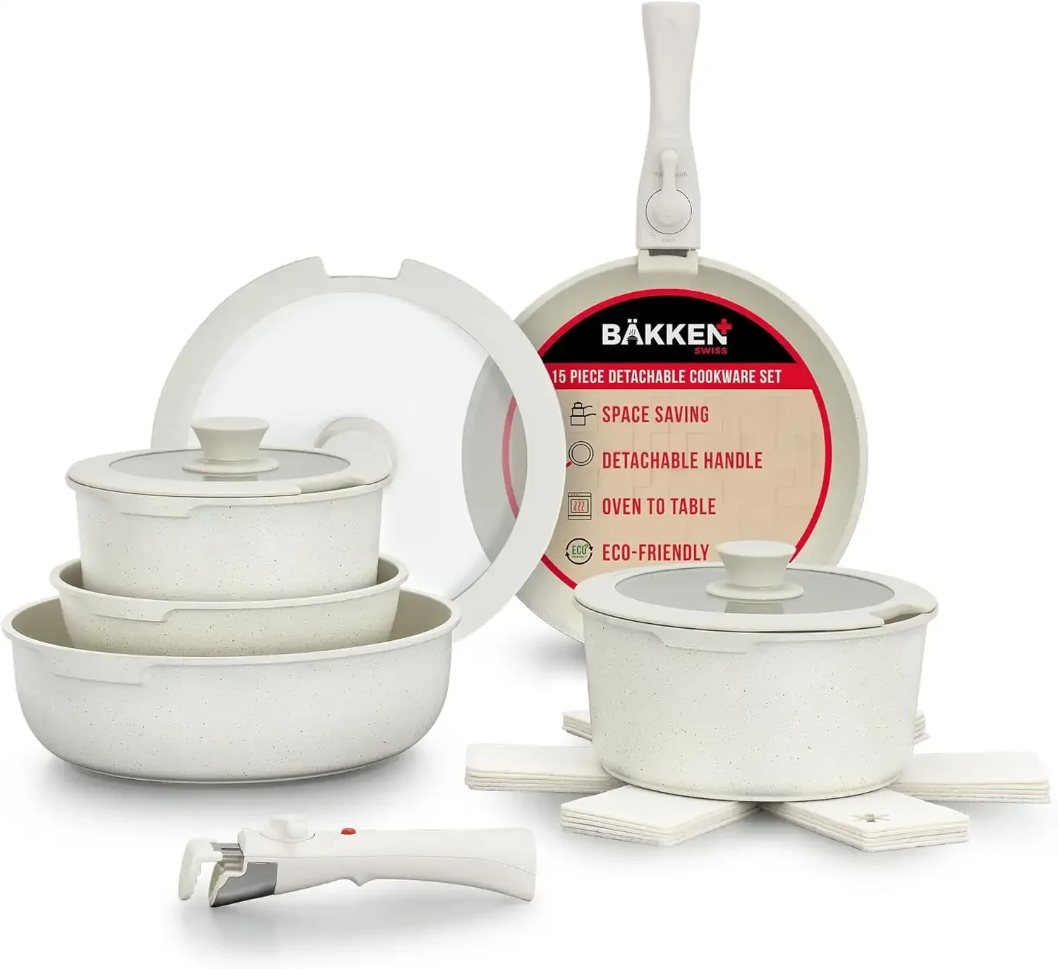 

15-Piece Non-Stick Cookware Set with Detachable Handles – Granite Stackable Pots and Pans Set, Dishwasher Safe, Oven-Safe,