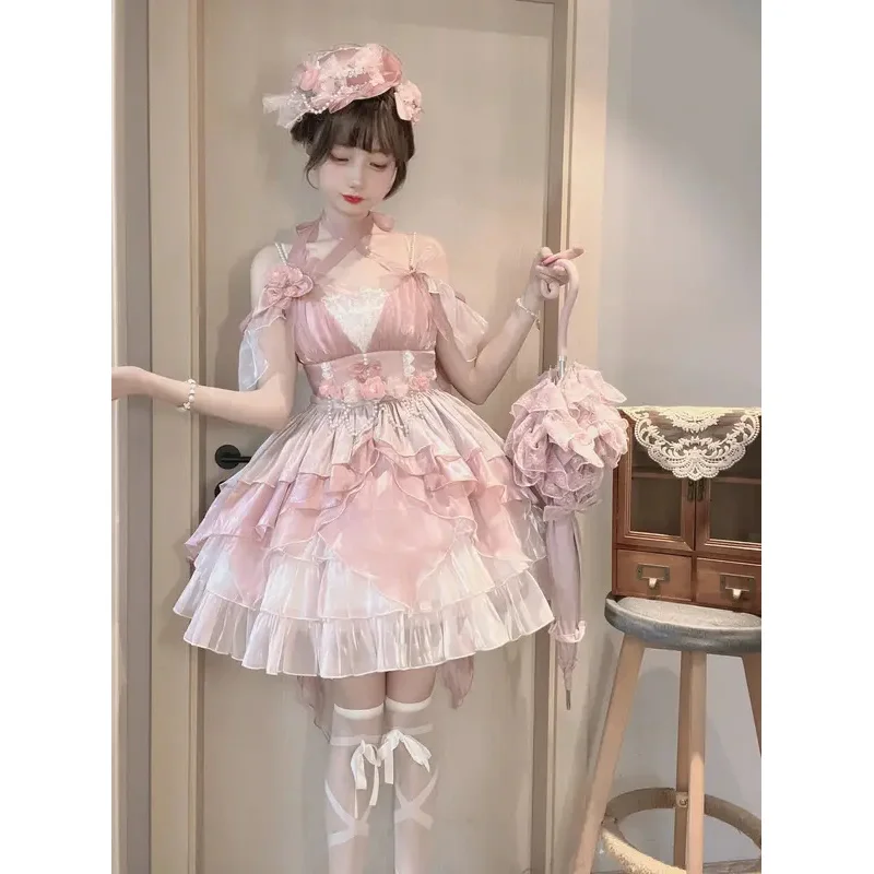 SS23Pink flor boda Lolita Jsk precioso elegante Escape princesa dulce cuello alto vestido de fiesta de cumpleaños para niñas jóvenes